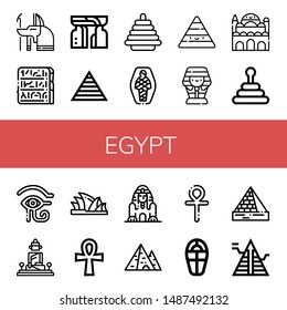 Set of egypt icons such as Anubis, Egypt, Monument, Pyramid, Mummy, Sarcophagus, Cairo citadel, Eye of ra, Great buddha of thailand, Sydney opera house, Ankh, Great sphinx giza , egypt