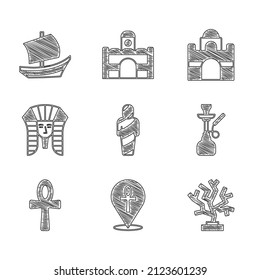 Set Egypt mummy, Cross ankh, Coral, Hookah, Egyptian pharaoh, house and ship icon. Vector