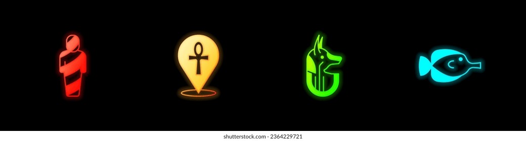 Set Egypt mummy, Cross ankh, Egyptian anubis and Butterfly fish icon. Vector