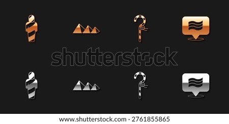 Set Egypt mummy, pyramids, Crook and Flag Of icon. Vector
