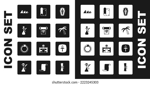 Set Egypt mummy in sarcophagus, Eye of Horus on papyrus scroll, Hookah, pyramids, Tropical palm tree, Papyrus, Cross ankh and Magic symbol Ouroboros icon. Vector