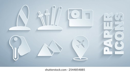 Set Egypt pyramids, Action camera, Hotel door lock key, Plane, Ski and sticks and Surfboard icon. Vector