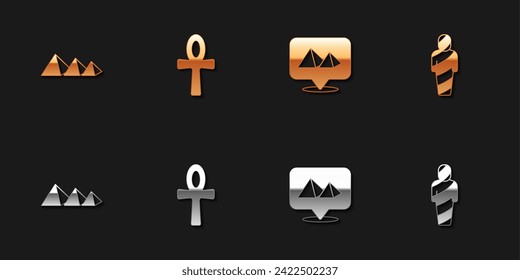 Set Egypt pyramids, Cross ankh,  and mummy icon. Vector