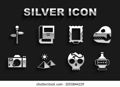 Set Egypt pyramids, Dinosaur skull, Ancient amphorae, Broken human, Photo camera, Picture, Road traffic signpost and History book icon. Vector