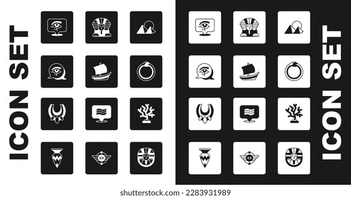 Set Egypt pyramids, Egyptian ship, Eye of Horus, Magic symbol Ouroboros, Sphinx, Coral and necklace icon. Vector