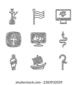 Set Egypt pyramids, Egyptian ship, Crook, Snake, mummy, Cross ankh, Eye of Horus on monitor and Hookah icon. Vector