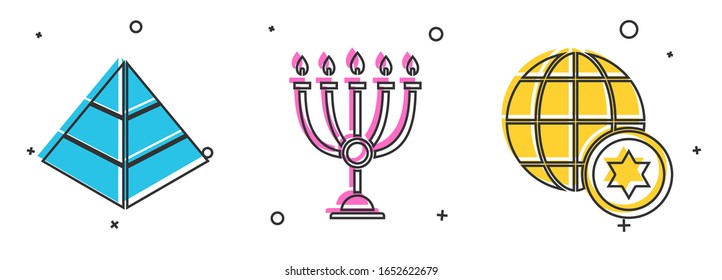 Set Egypt pyramids, Hanukkah menorah and World Globe and Israel icon. Vector