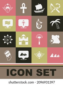 Set Egypt pyramids, Map of, Tropical palm tree, Egyptian ship, Cross ankh, Flag Of, Scarab and anubis icon. Vector