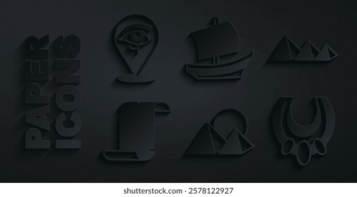 Set Egypt pyramids, Papyrus scroll, Egyptian necklace, ship and Eye of Horus icon. Vector