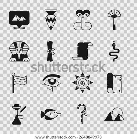 Set Egypt pyramids, Papyrus scroll, Snake, Sphinx,  and  icon. Vector