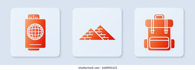 Set Egypt pyramids, Passport with ticket and Hiking backpack. White square button. Vector
