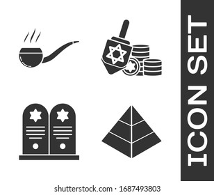 Set Egypt pyramids, Smoking pipe with smoke, Tombstone with star of david and Hanukkah dreidel and coin icon. Vector