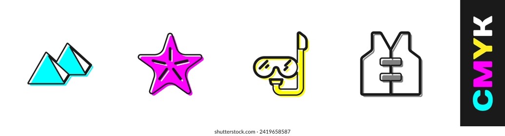 Set Egypt pyramids, Starfish, Diving mask and snorkel and Life jacket icon. Vector