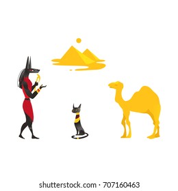 Set of Egypt symbols - Anubis, Bastet black cat, camel and pyramids, flat cartoon vector illustration isolated on white background. Set of Egyptian symbols - Anubis, black cat, camel and pyramids