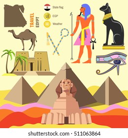 Set of Egypt symbols and landmarks. Flat vector illustrations. Symbols of ancient culture: map, sphinx and pyramid pharaoh in Giza, camel and cat, ankh and eye, anubis and hathor.