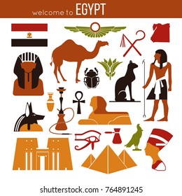 Set of Egypt symbols and landmarks. Flat vector illustrations.