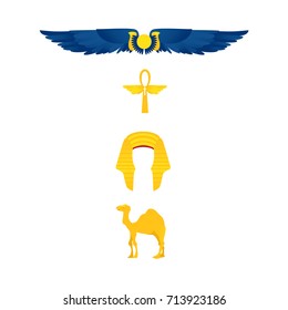 Set of Egypt symbols - winged sun, ankh, nemes headdress, camel, flat cartoon vector illustration isolated on white background. Set of Egyptian symbols - winged sun, ankh, pharaoh headdress and camel