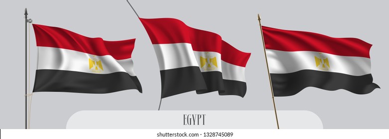 Set of Egypt waving flag on isolated background vector illustration. 3 black red Egyptian wavy realistic flag as a patriotic symbol 