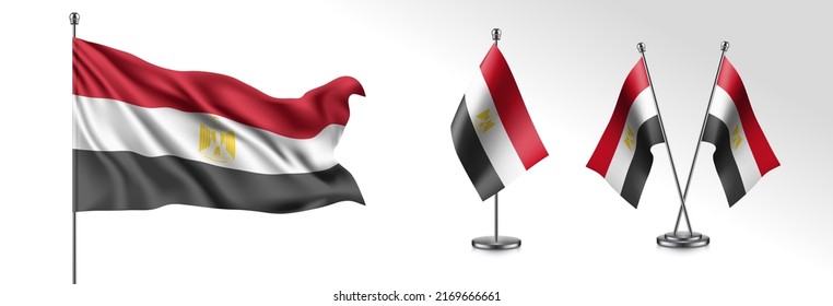 Set of Egypt waving flag on isolated background vector illustration. 3 Egyptian wavy realistic flag as a patriotic symbol