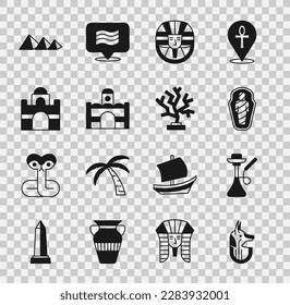 Set Egyptian anubis, Hookah, mummy in sarcophagus, pharaoh, house, pyramids and Coral icon. Vector