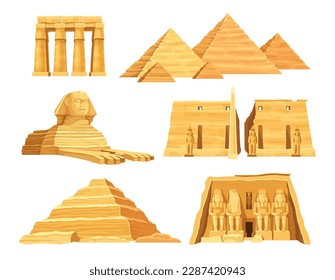 Set of egyptian architecture. Popular tourist landmark of Egypt. Pyramid of Cheops, Sphinx, tombs, columns and statues. Journey and travel. Cartoon flat vector collection isolated on white background svg