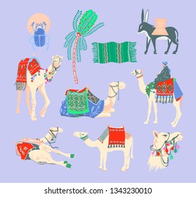 set of egyptian camel, palm tree, carpet and donkey decorated with bright carpets and ornaments in minimalistic hand drawing style, vector illustration collection