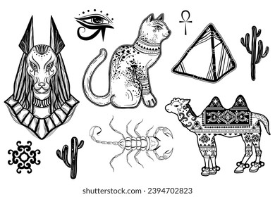 Set of Egyptian cliparts: camel, anubis, bastet, pyramid etc.. Can be used for t shirt prints, coloring book pages, phone cases and other.