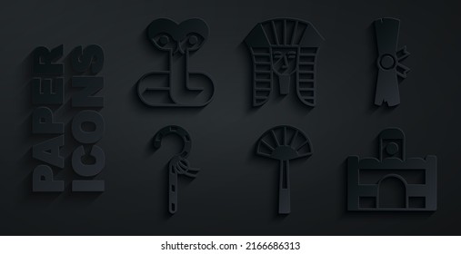 Set Egyptian fan, Papyrus scroll, Crook, house, pharaoh and Snake icon. Vector