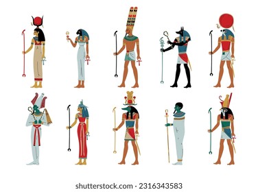 Set of Egyptian gods and goddesses. Osiris, Horus, Ra, Hathor, Ptah, Sekhmet, Maat ancient Egyptian deities vector illustration