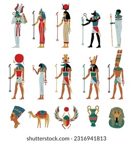 Set of Egyptian gods and goddesses. Osiris, Horus, Ra, Hathor, Ptah, Sekhmet, Maat ancient Egyptian deities vector illustration