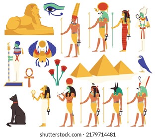 Set of Egyptian gods and religious symbols. Deities and amulets of Ancient Egypt civilization, flat cartoon vector illustration isolated on white background.