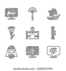 Set Egyptian house, Cross ankh, Eye of Horus, Papyrus scroll, man, lotus, ship and pyramids icon. Vector