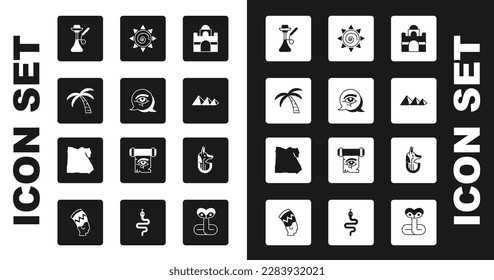 Set Egyptian house, Eye of Horus, Tropical palm tree, Hookah, pyramids, Sun, anubis and Map icon. Vector