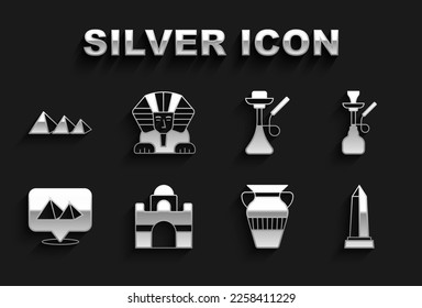 Set Egyptian house, Hookah, Obelisk of Alexandria, vase, pyramids,  and Sphinx icon. Vector