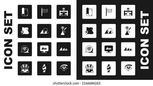 Set Egyptian house, pyramids, Map of, Papyrus scroll, Hookah, Flag Of,  and Eye Horus icon. Vector