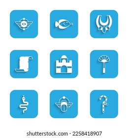 Set Egyptian house, Scarab, Crook, fan, Snake, Papyrus scroll, necklace and symbol Winged sun icon. Vector