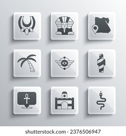 Set Egyptian house, Snake, mummy, symbol Winged sun, Cross ankh, Tropical palm tree, necklace and Map of icon. Vector