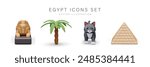 Set of Egyptian icons in 3D style. Statue of Great Sphinx, palm tree, cat, pyramid