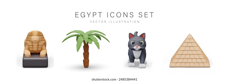 Conjunto de iconos egipcios en estilo 3D. Estatua de la Gran Esfinge, palmera, gato, pirámide