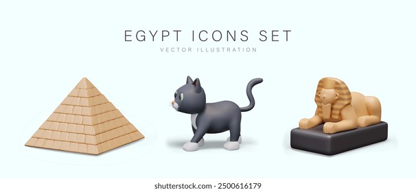 Set of Egyptian icons in cartoon style. 3D pyramid, cat, Great Sphinx