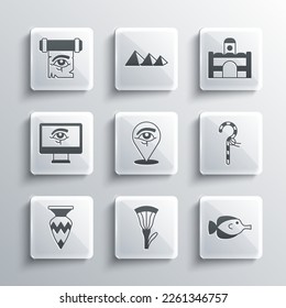 Set Egyptian lotus, Butterfly fish, Crook, Eye of Horus, vase, on monitor, papyrus scroll and house icon. Vector