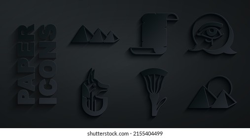 Set Egyptian lotus, Eye of Horus, anubis, pyramids, Papyrus scroll and  icon. Vector