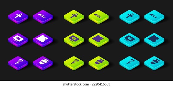 Set Egyptian lotus, vase, Flag Of, Map of, pyramids and Cross ankh icon. Vector