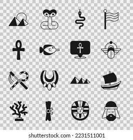 Set Egyptian man, ship, Scarab, Snake, Butterfly fish, Cross ankh, pyramids and  icon. Vector