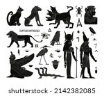 A set of Egyptian mythical animals and creatures, symbols. Black and white flat vector elements. Cerberus, lion, three-headed serpent, ancient gods of Egypt.