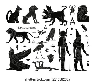 A set of Egyptian mythical animals and creatures, symbols. Black and white flat vector elements. Cerberus, lion, three-headed serpent, ancient gods of Egypt.