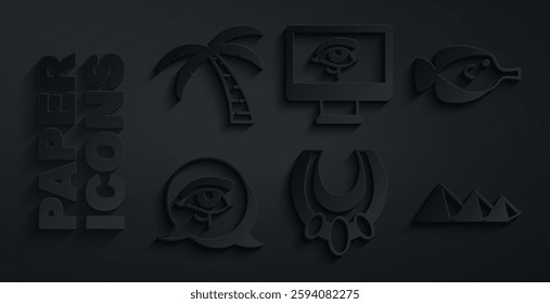 Set Egyptian necklace, Butterfly fish, Eye of Horus, pyramids, on monitor and Tropical palm tree icon. Vector