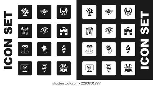Set Egyptian necklace, Eye of Horus, pharaoh, Coral, house, symbol Winged sun, mummy and Snake icon. Vector