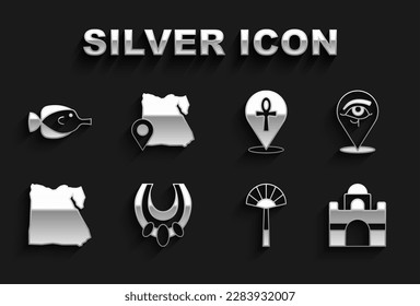 Set Egyptian necklace, Eye of Horus, house, fan, Map, Cross ankh, Butterfly fish and  icon. Vector
