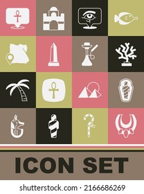 Set Egyptian necklace, mummy in sarcophagus, Coral, Eye of Horus, Obelisk Alexandria, Map, Cross ankh and Hookah icon. Vector